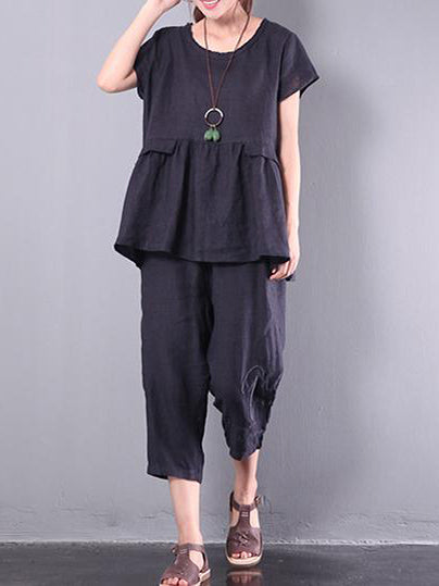 Original Black Patchwork Linen Blouse Casual Loose Pant Tops And Pants Two Pieces