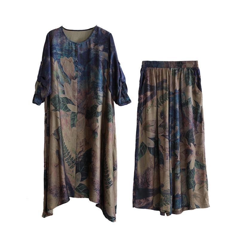 summer vintage silk fashion two pieces loose hem tops and wide leg pants - Omychic