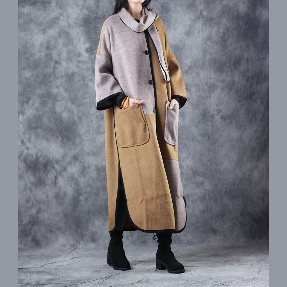 top quality khaki Wool Coat casual o neck pockets Fashion patchwork side open long coats - Omychic