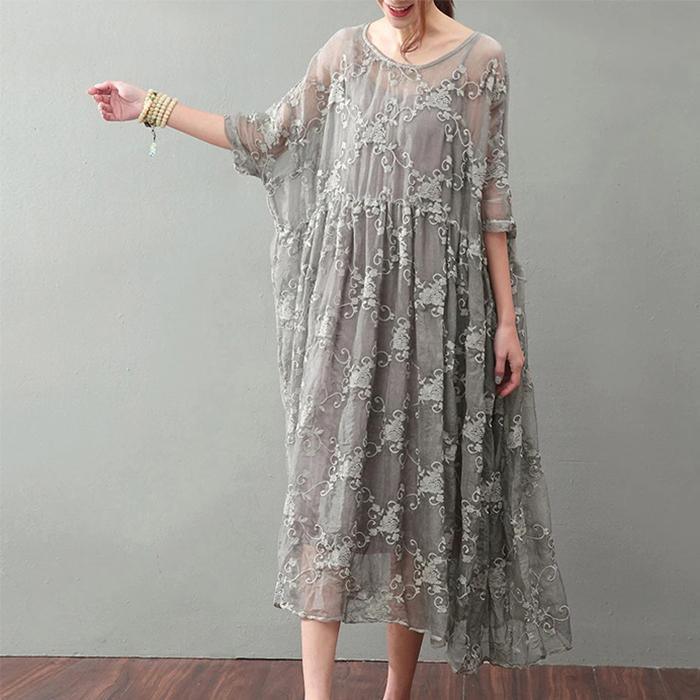 Vintage Gray Maxi Dress Trendy Plus Size Lace Gown Bracelet Sleeve