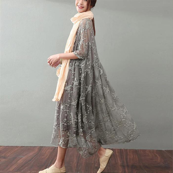 Vintage Gray Maxi Dress Trendy Plus Size Lace Gown Bracelet Sleeve