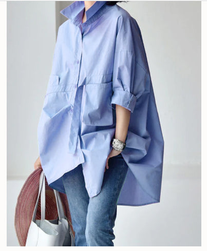 Pink Crane Peter Pan Collar Low High Design Cotton Shirt Long Sleeve - Omychic