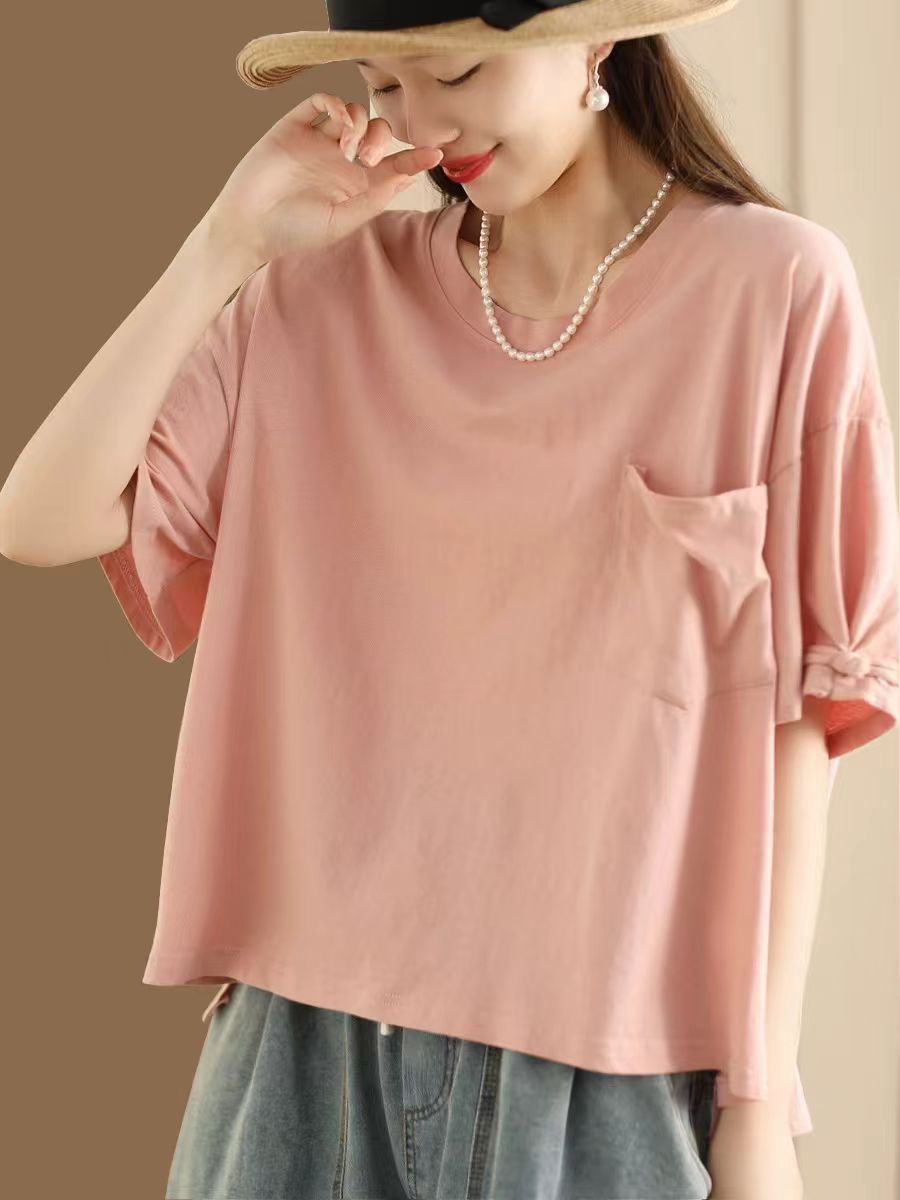 Rose Pink Summer Casual Solid Loose Cotton Shirt