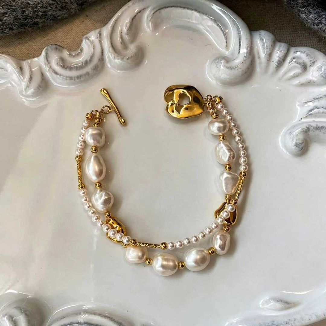 Stylish Gold Copper Overgild Pearl Double Layer Charm Bracelet