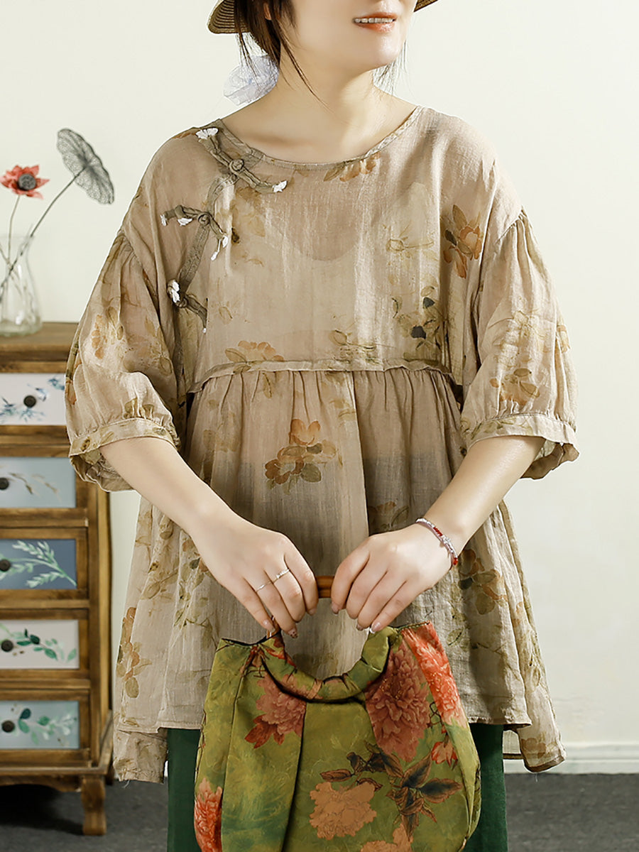 Summer Vintage Floral Spliced Ramie Shirt Half Sleeve