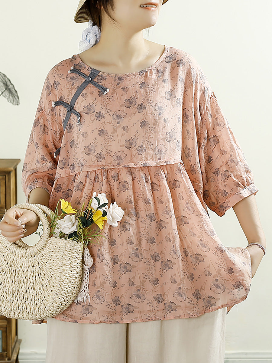 Summer Vintage Floral Spliced Ramie Shirt Half Sleeve