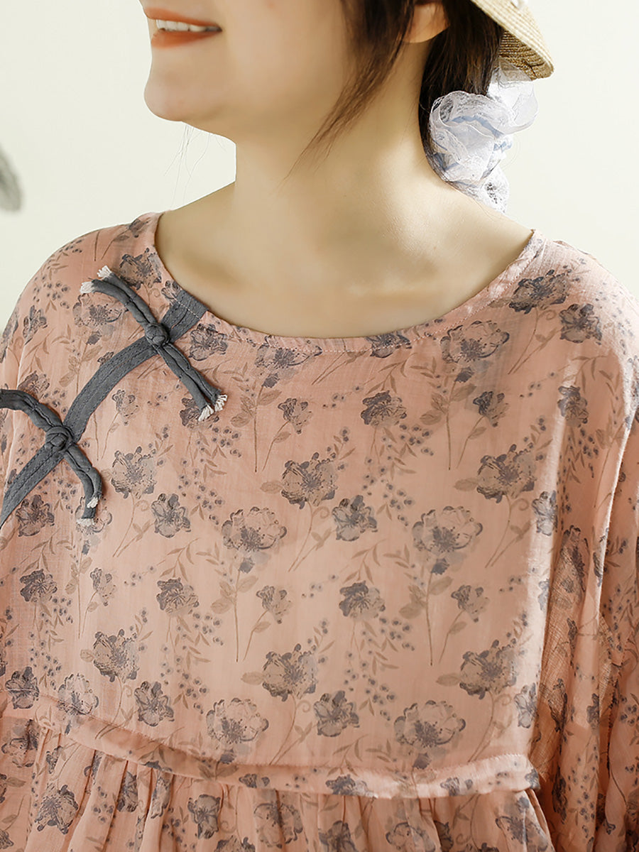 Summer Vintage Floral Spliced Ramie Shirt Half Sleeve