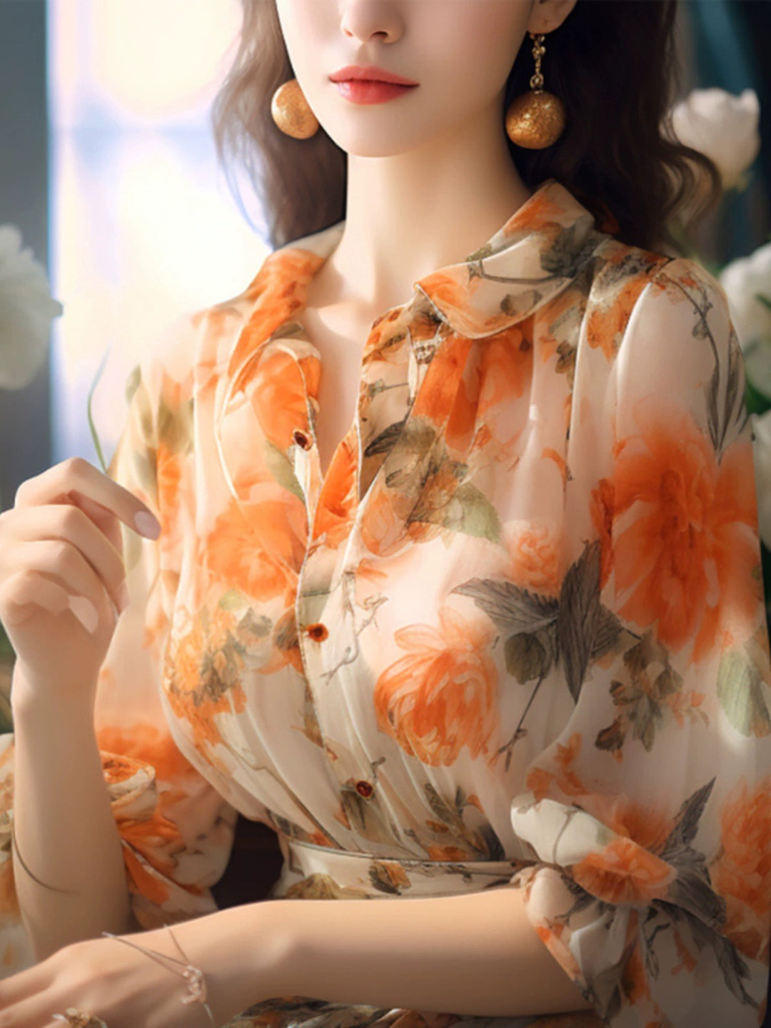 Retro Orange Printed Ruffle Short Sleeve Shirt Summer