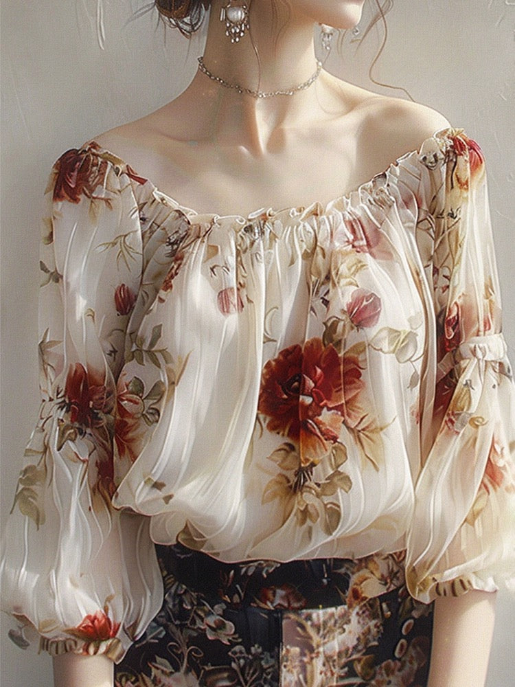 Retro Elegant Floral One-line Collar Shirt Long Sleeve