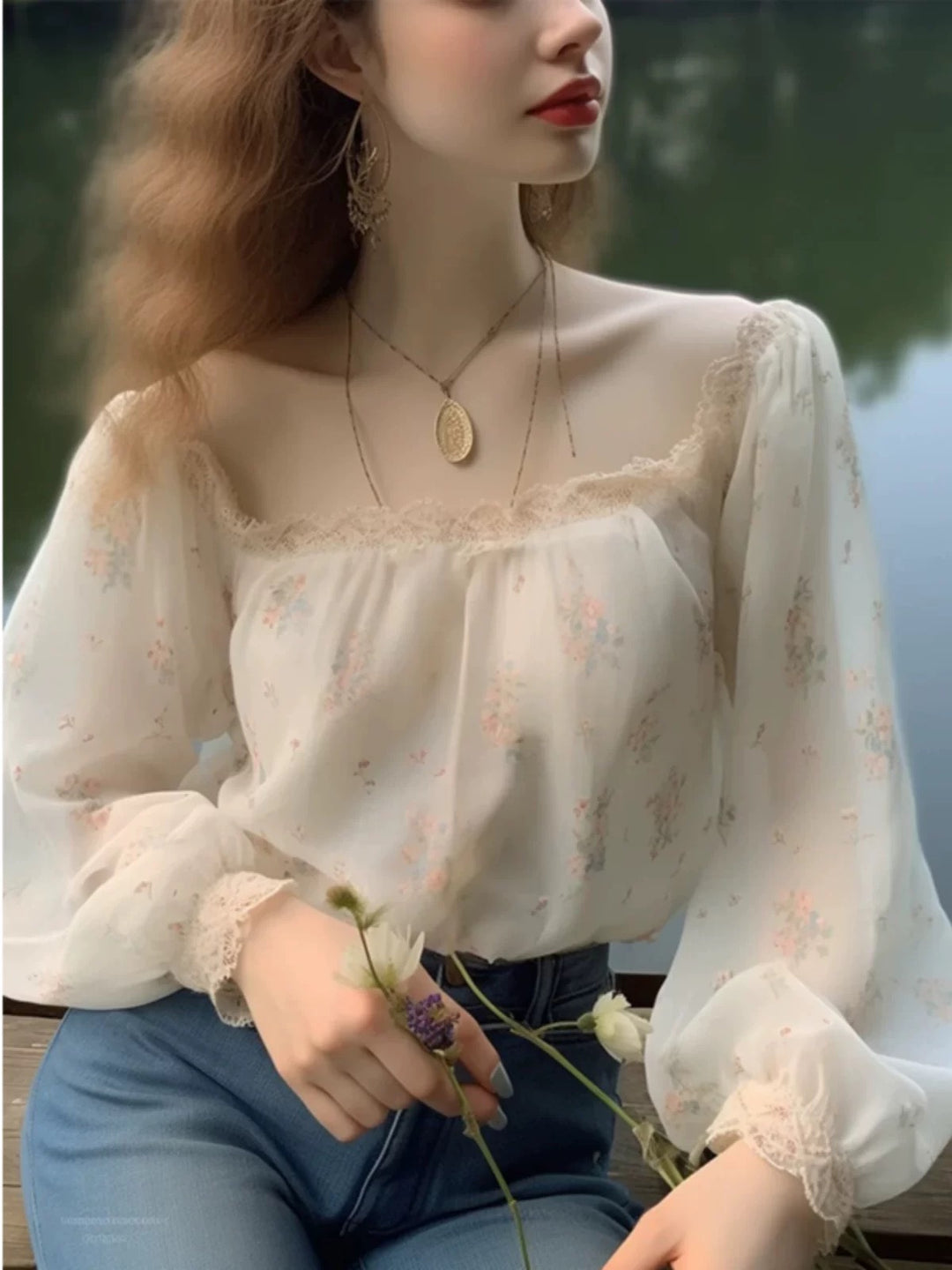 Women Unique French White Floral Long Sleeve Shirt