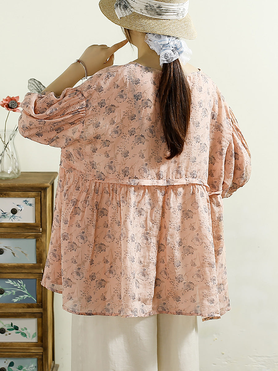 Summer Vintage Floral Spliced Ramie Shirt Half Sleeve