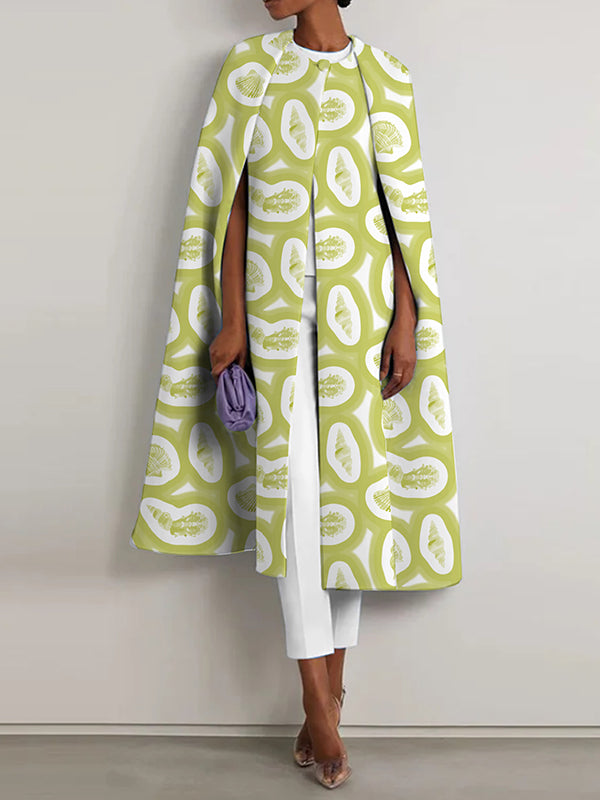 Loose Buttoned Printed Split-Front Split-Joint Round-Neck Cape Outerwear Cap Sleeve
