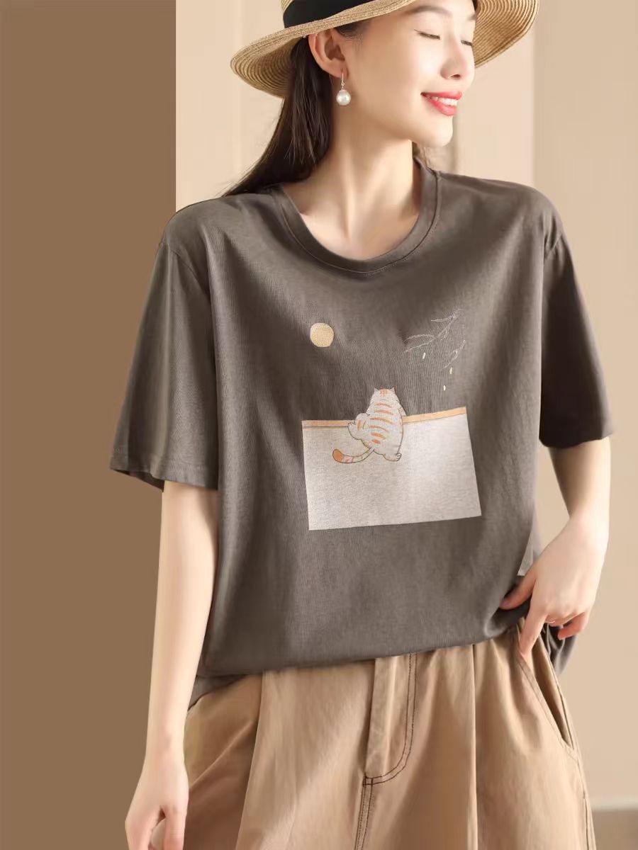 Black Cat Casual Print Loose Cotton Shirt