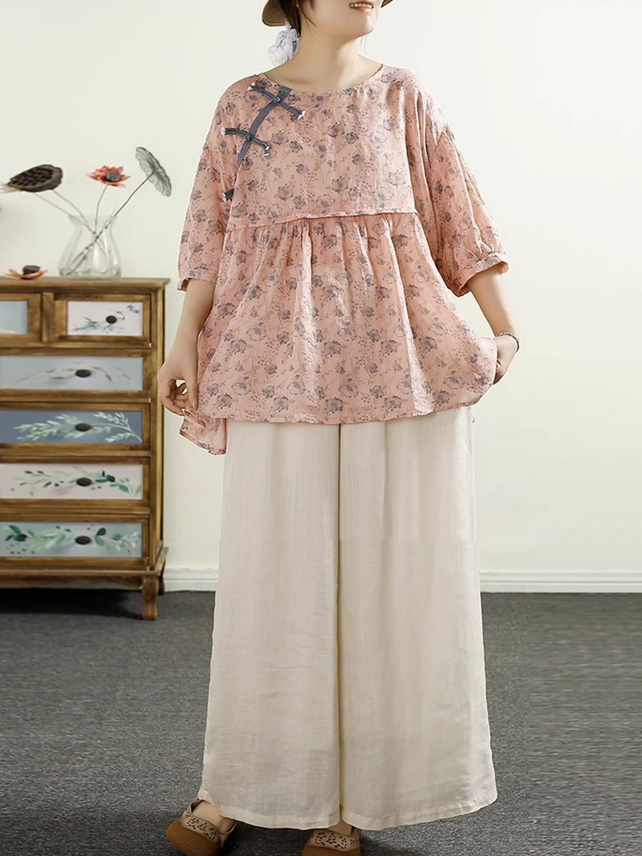 Summer Vintage Floral Spliced Ramie Shirt Half Sleeve