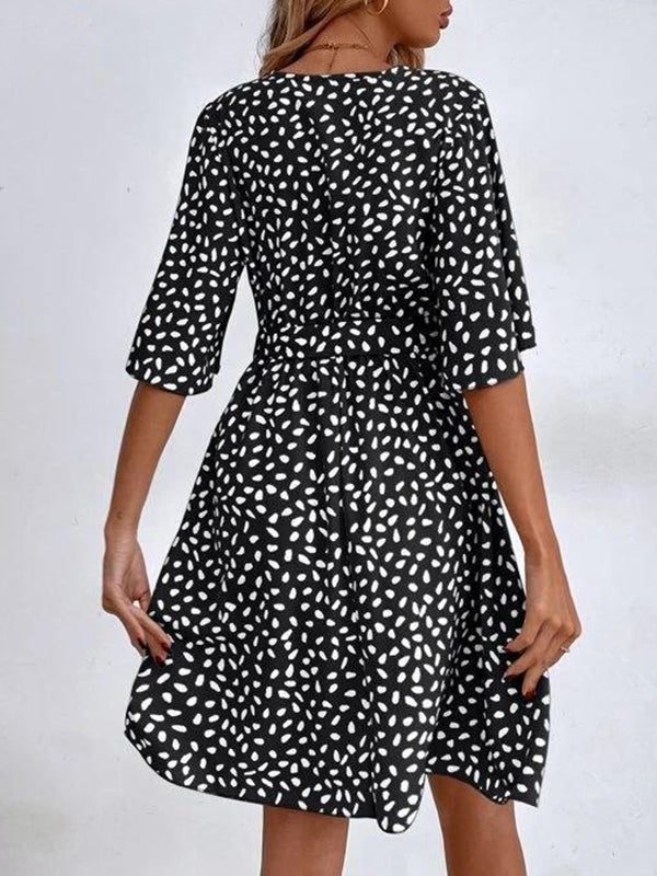 Loose Pleated Printed Ruffled Tied Waist V-Neck Mini Dresses