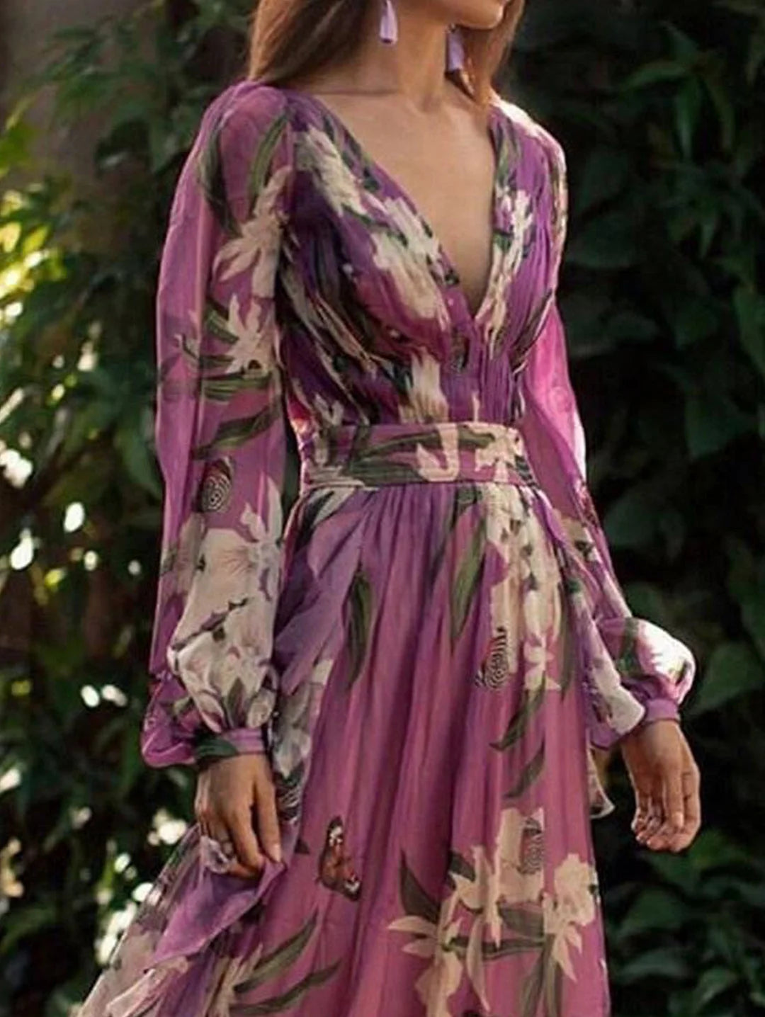 Elegant Butterfly Floral Pattern V Neck Maxi Dress