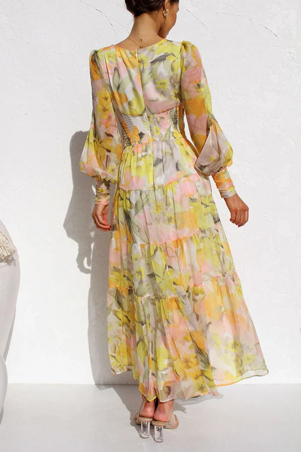 Yellow Olena Abstract Floral Balloon Sleeves Maxi Dress