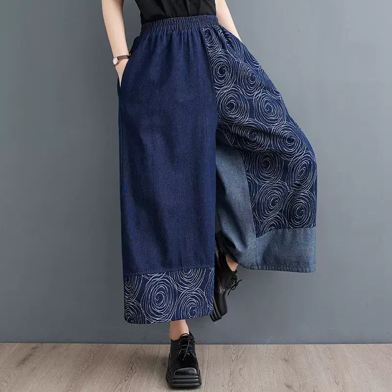 Denim Print Two-Tone Wide Legs Pants