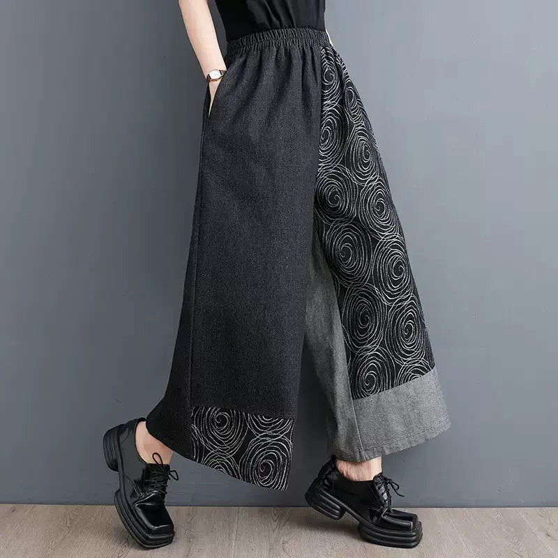 Denim Print Two-Tone Wide Legs Pants