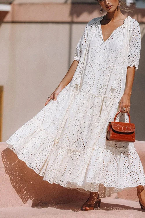 White Eyelet Tassels Tiered Maxi Dress