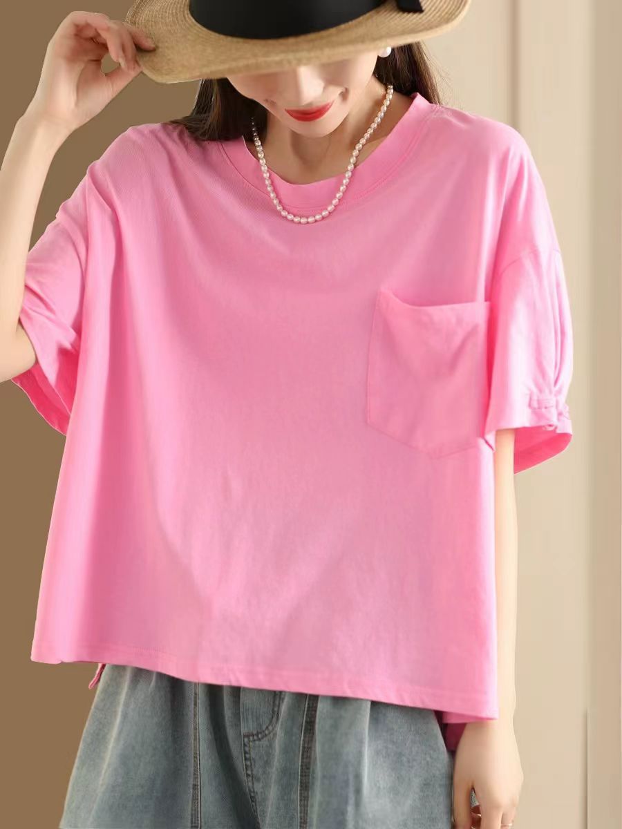 Rose Pink Summer Casual Solid Loose Cotton Shirt