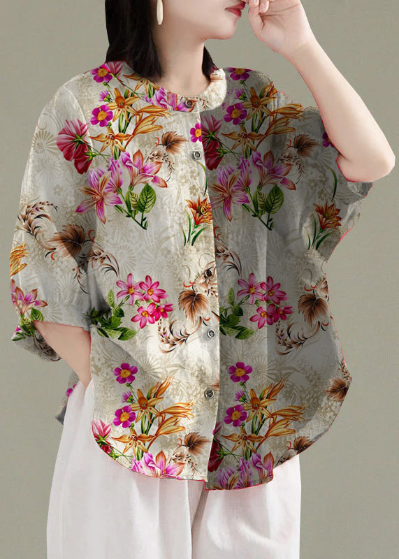 Art white flowers O-Neck Button Linen Loose Shirt Top Lantern Sleeve