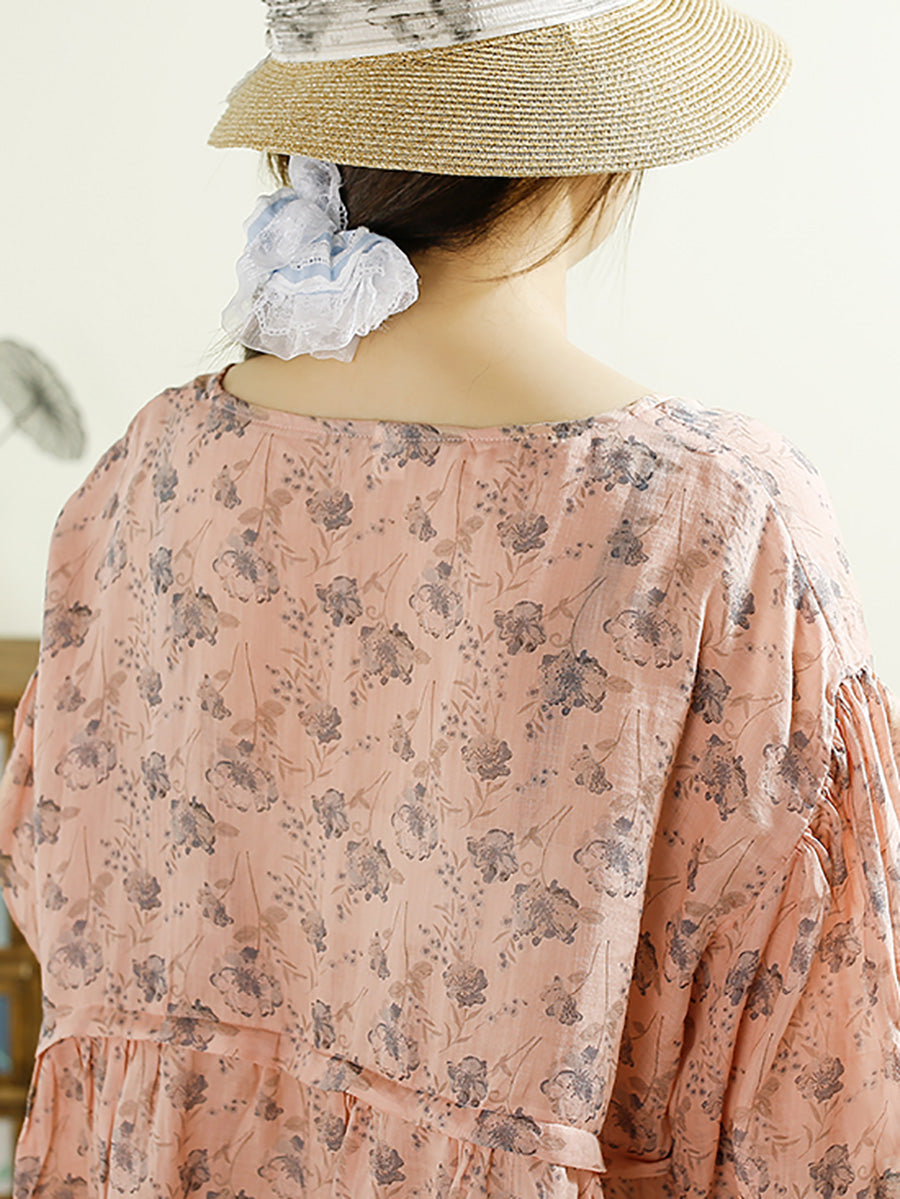 Summer Vintage Floral Spliced Ramie Shirt Half Sleeve
