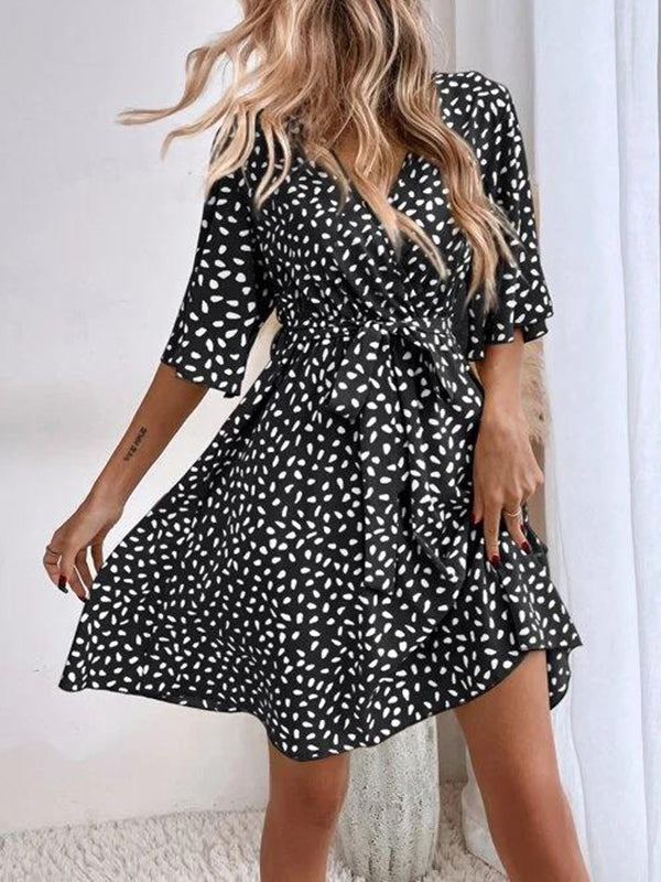 Loose Pleated Printed Ruffled Tied Waist V-Neck Mini Dresses