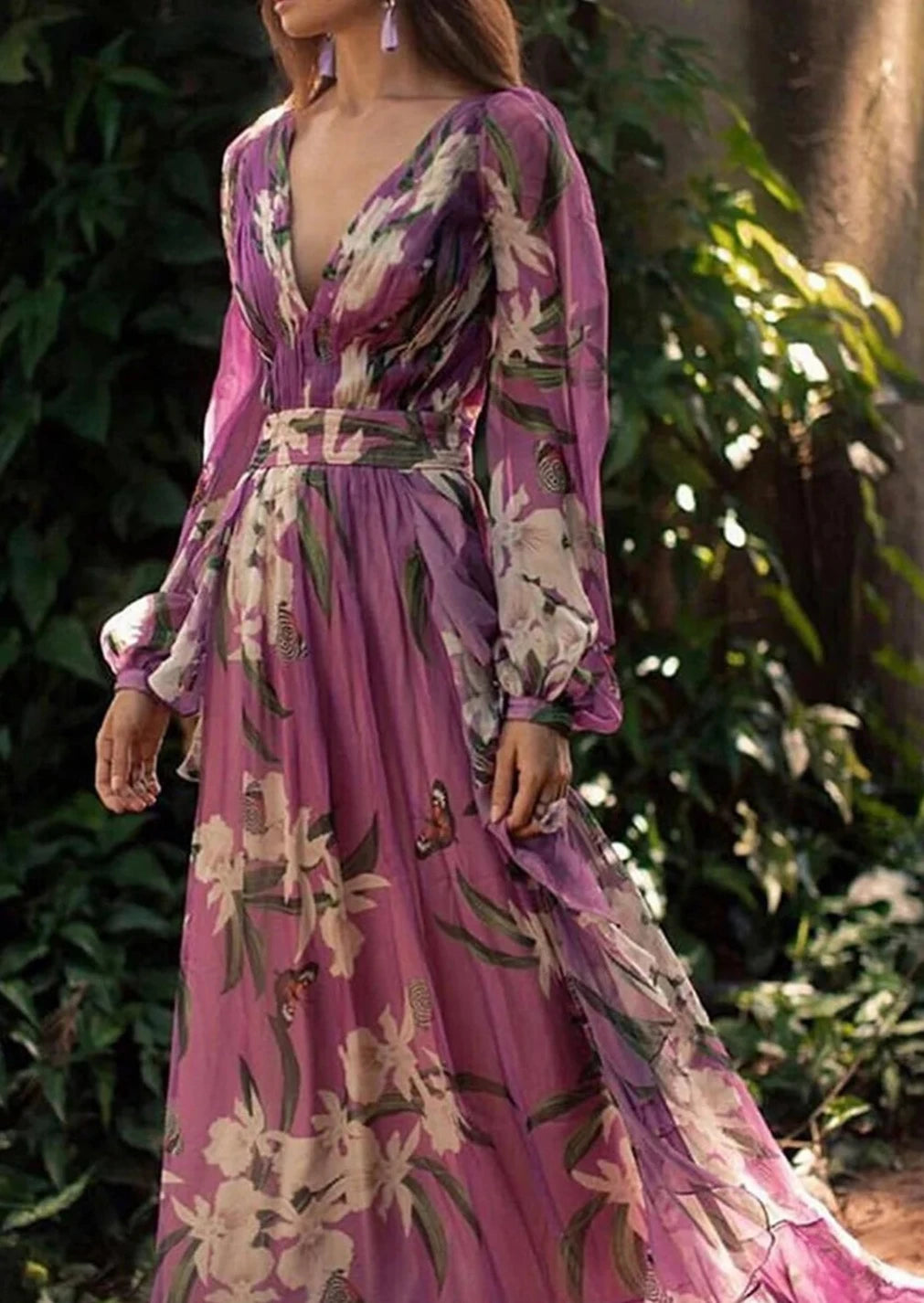 Elegant Butterfly Floral Pattern V Neck Maxi Dress