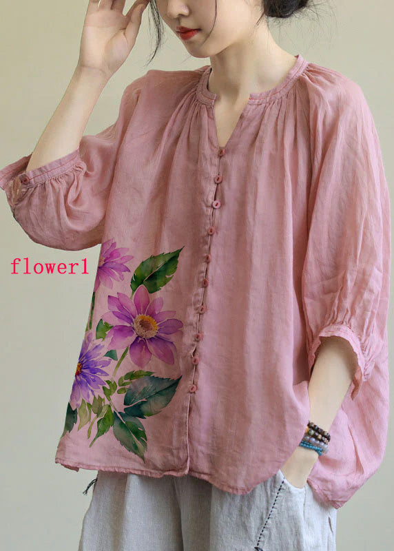 Italian Rose Flower V Neck Button Loose Half Sleeve Blouse Top