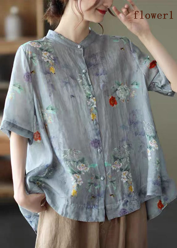 Elegant Colorful Geometry Stand Collar Print Tops Half Sleeve