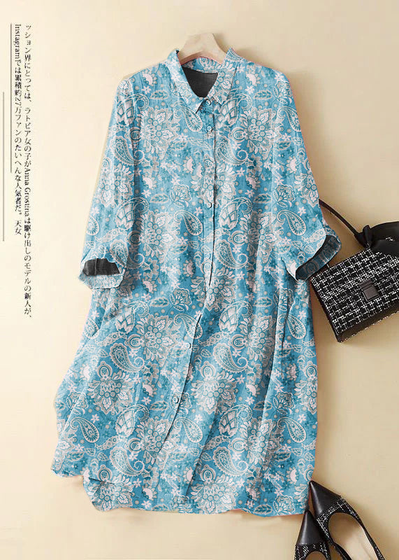 Fashion White Flowers Embroidered Patchwork Linen Shirt Dress Summer