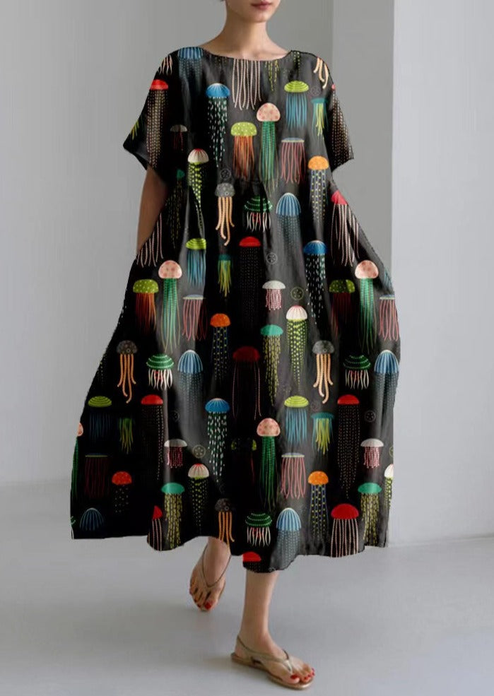 Colorful Jellyfish Cotton Dresses Pockets Patchwork Summer