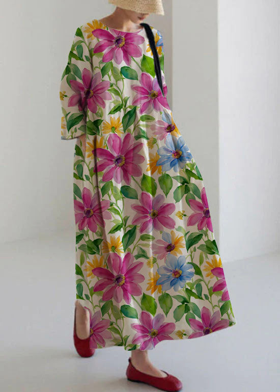 Apricot-Print1 Cotton Dresses Pockets Patchwork Fall