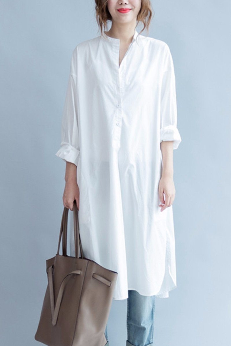 White Fashion Solid Color Cotton Long Shirt Dresses