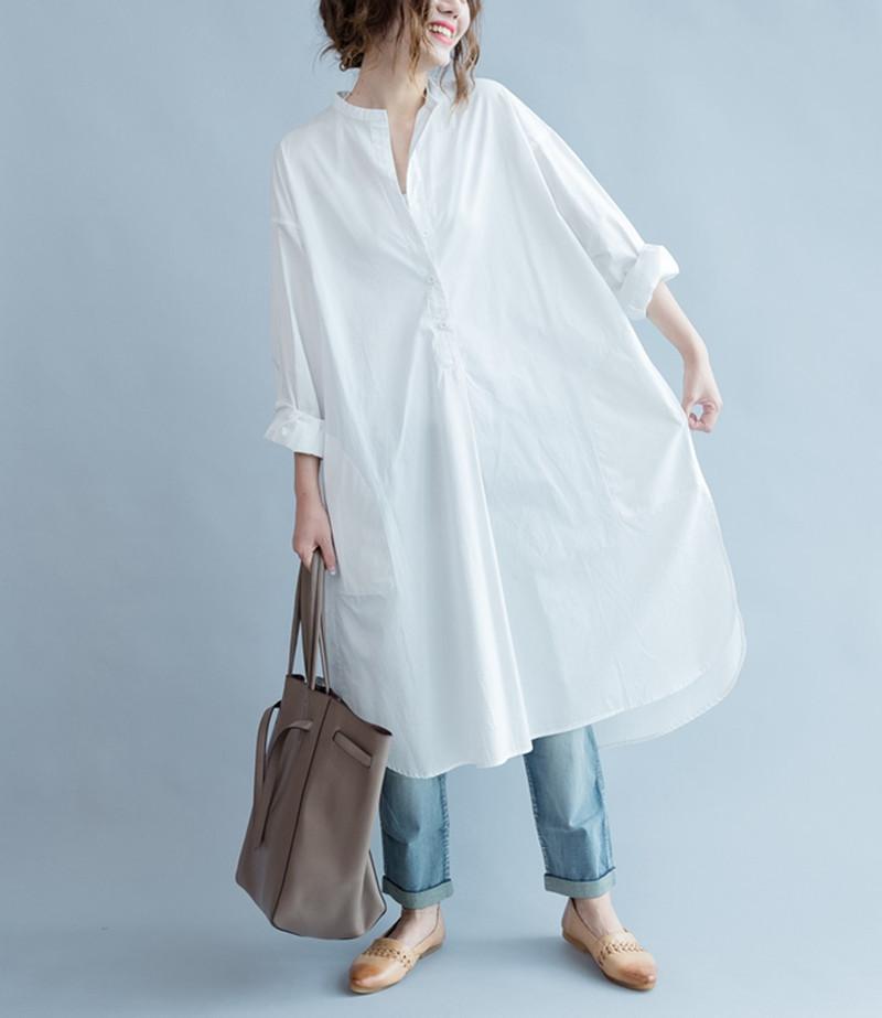 White Fashion Solid Color Cotton Long Shirt Dresses