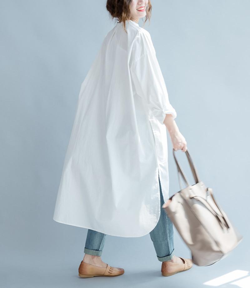 White Fashion Solid Color Cotton Long Shirt Dresses