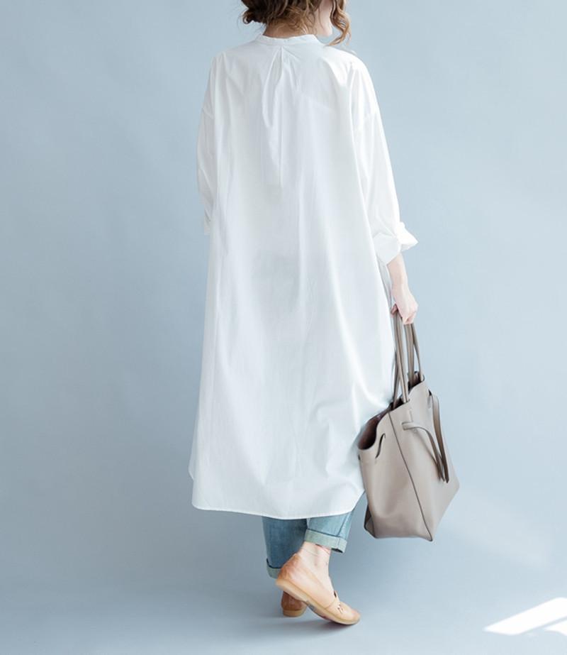 White Fashion Solid Color Cotton Long Shirt Dresses