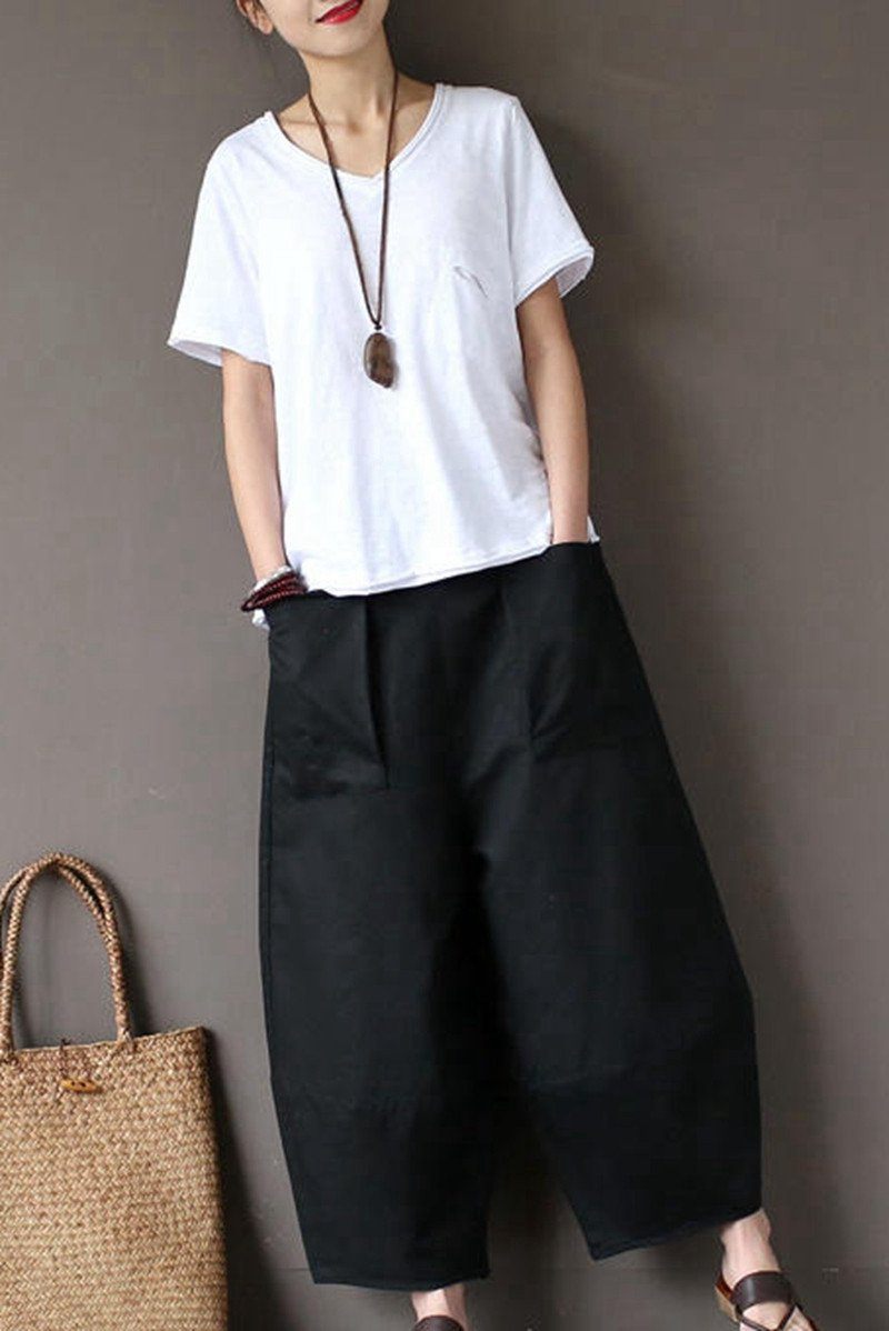 Black Loose Cotton Linen Casual Ankle Length Pants Women Clothes