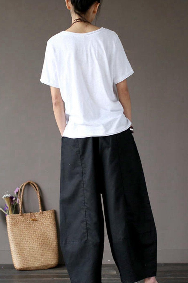Black Loose Cotton Linen Casual Ankle Length Pants Women Clothes