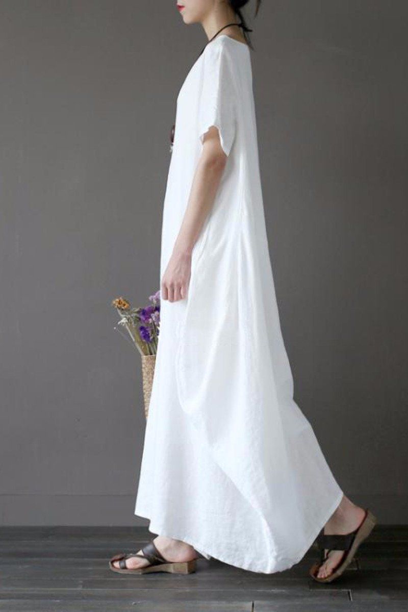 White Casual Linen Plus Size Summer Maxi Dresses