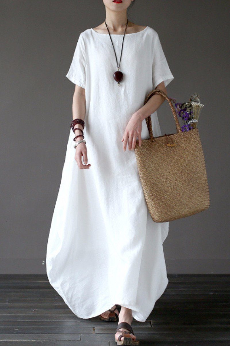 White Casual Linen Plus Size Summer Maxi Dresses