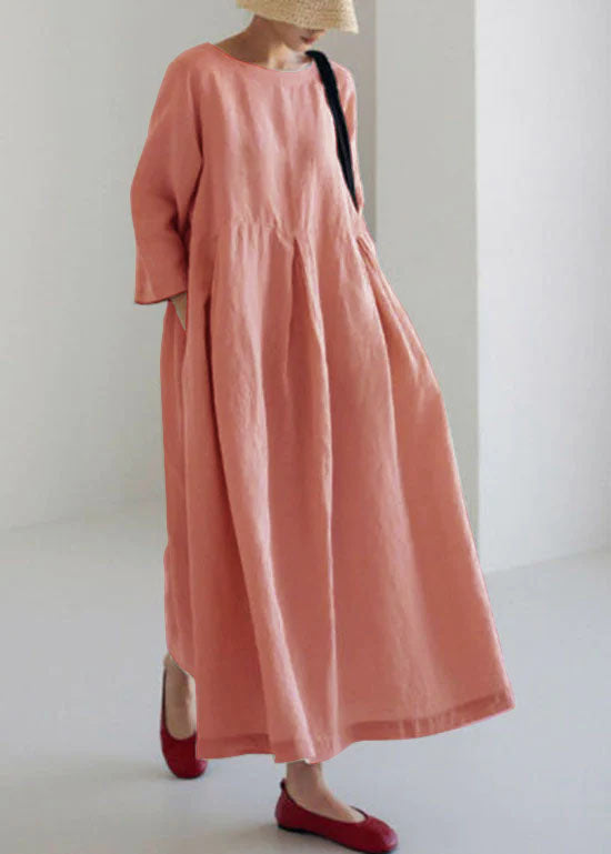 Apricot-Print2 Cotton Dresses Pockets Patchwork Fall