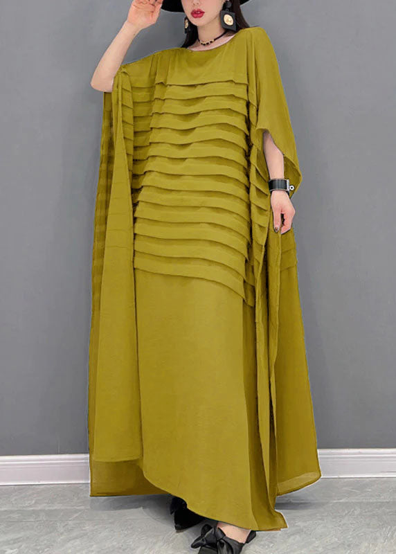 Casual Bohemian Green O-Neck Striped Chiffon Ankle Dress