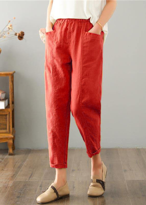 Natural pink flowers Pockets Cotton Linen  Pants Summer