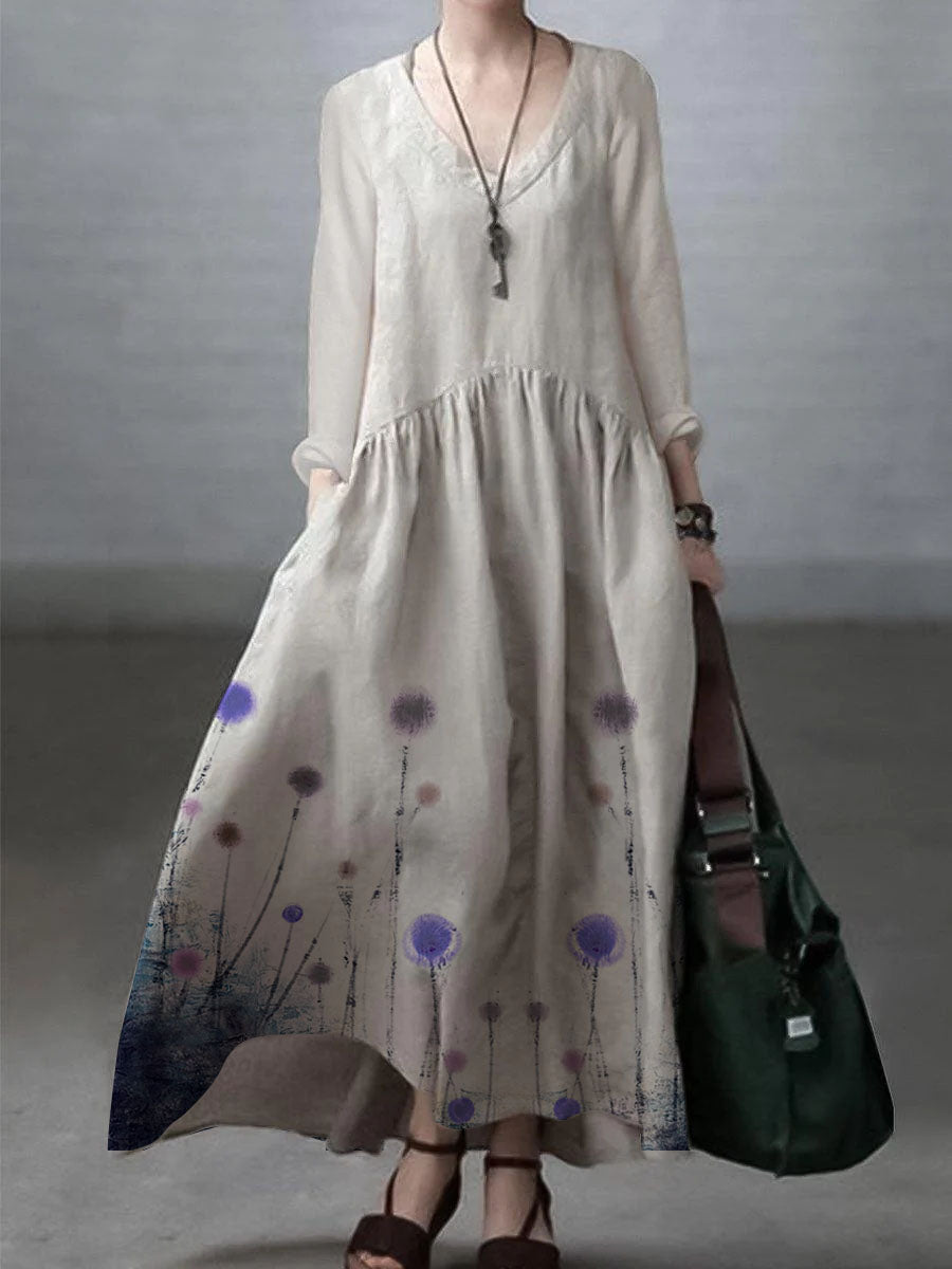 Ivory-crane Purple Simple and Loose V-neck Cotton and Linen Dress