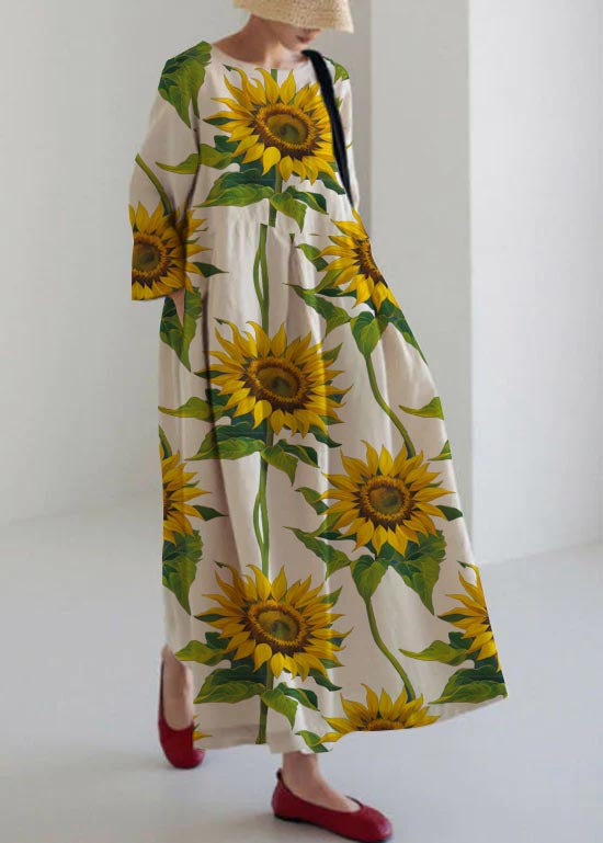 Flower Print Cotton Dresses Pockets Patchwork Spring