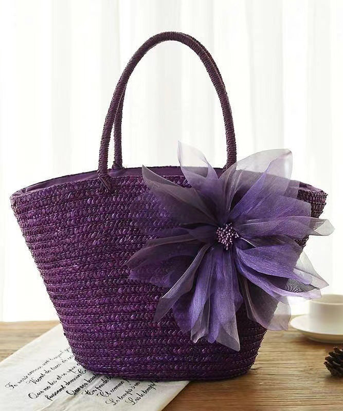 2024 Fashion Purple Flower Grass Woven Handbag