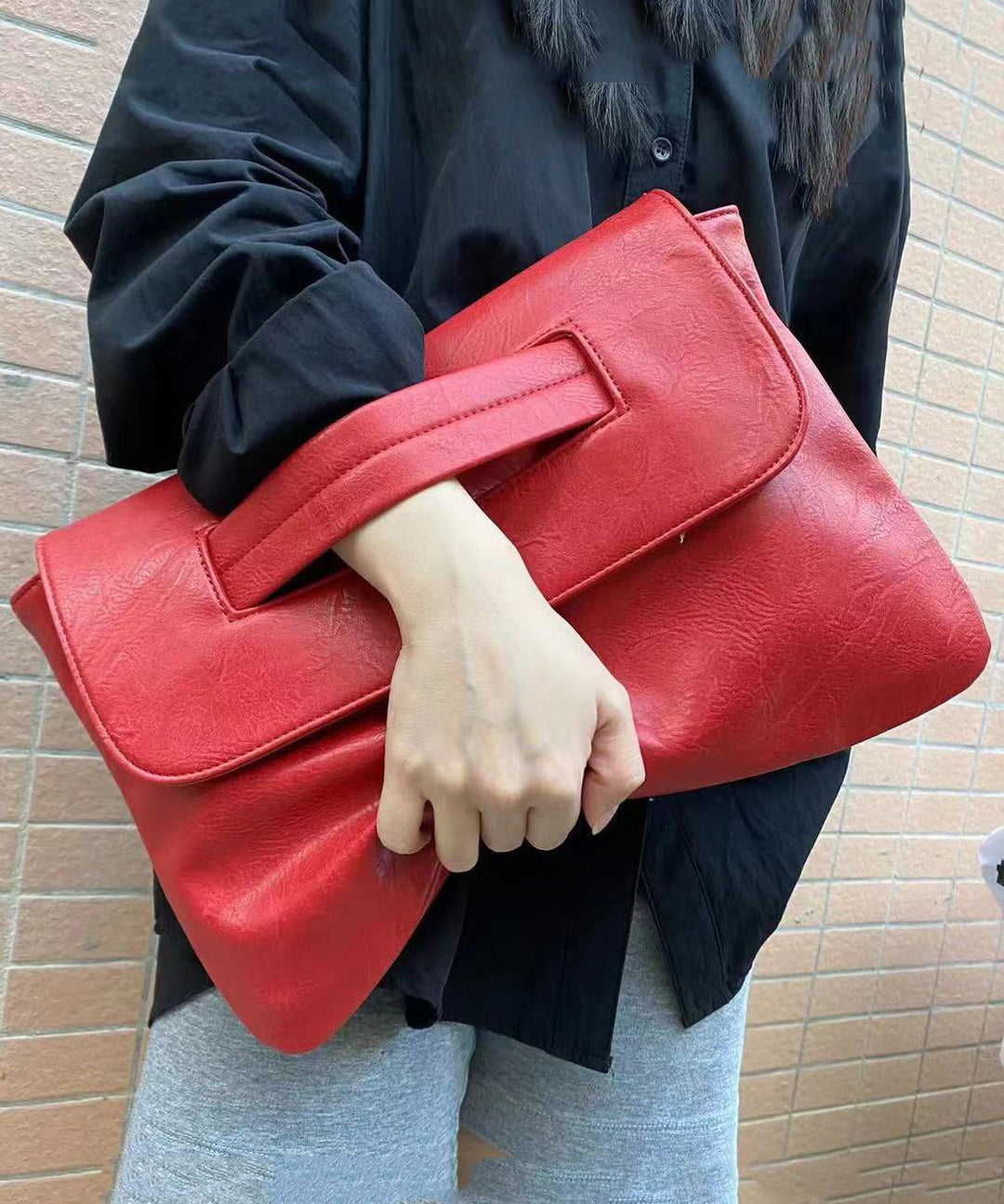 2025 New Red Patchwork Faux Leather Tote Handbag