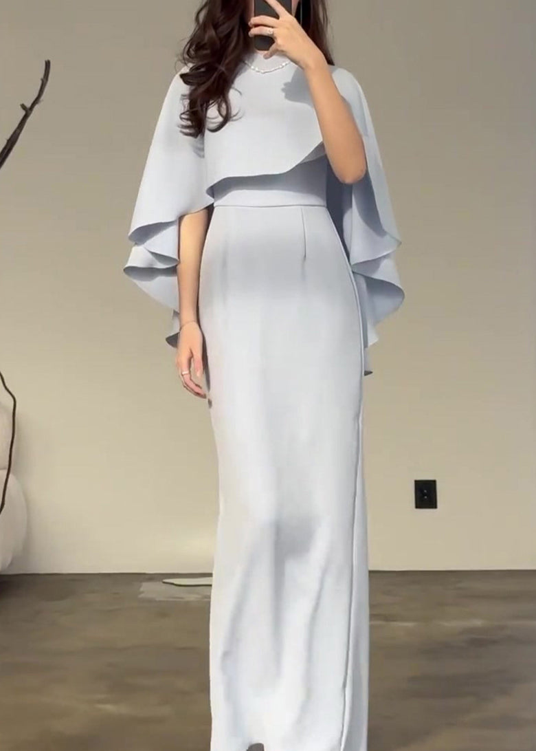 2024 Slim Fit Light Blue Silk Shawl Waist Cinched Dress